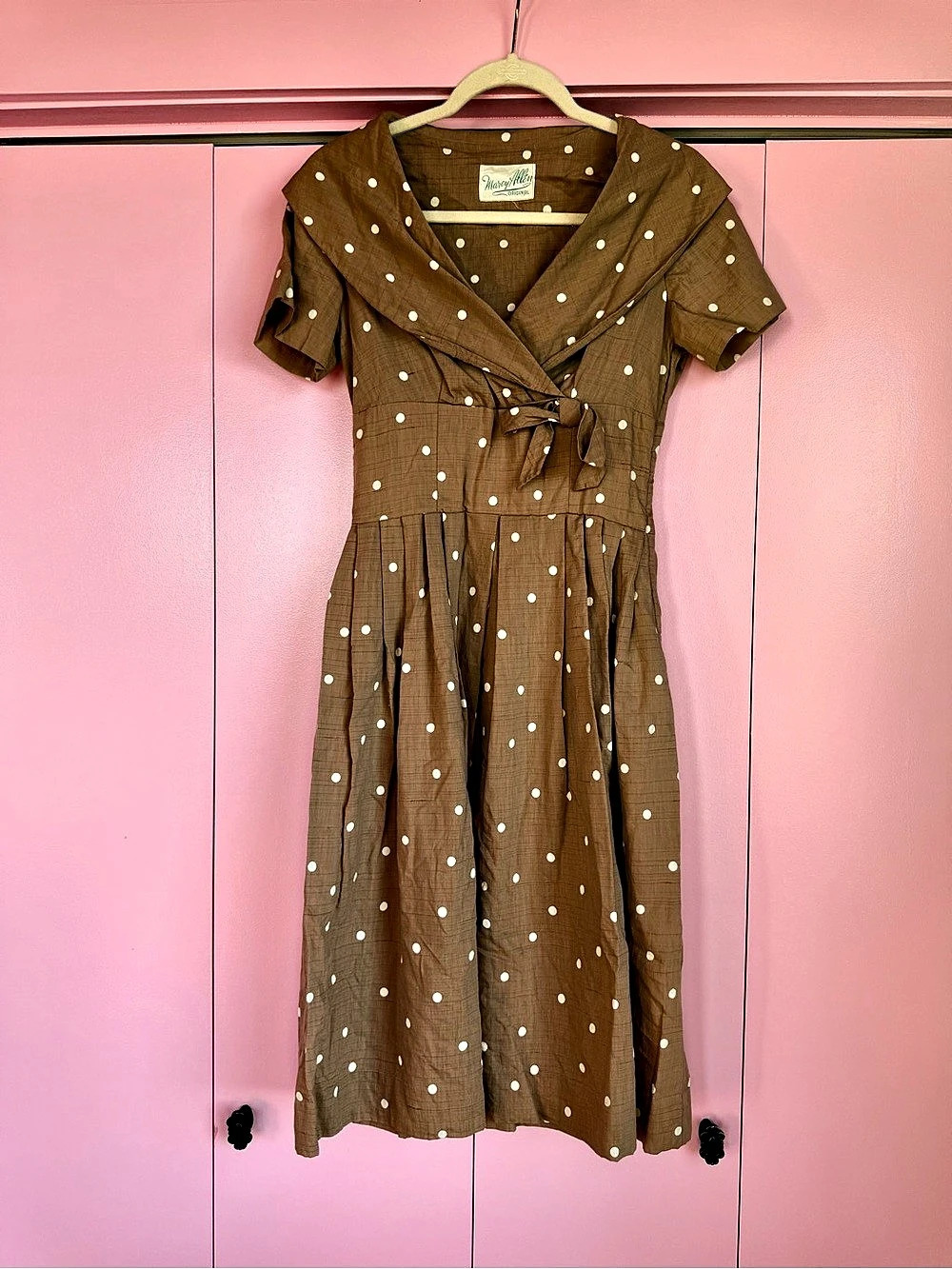 Vintage Marcy Allen Original Brown & White Polka Dot Swing Dress / Retro 1950s
